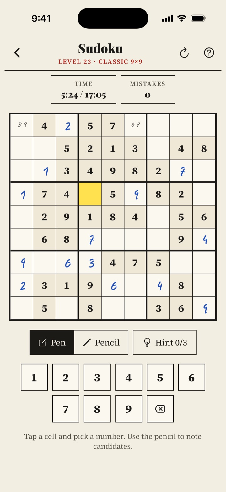 A 9×9 Sudoku in MindRack with numbers in pen and pencil notes