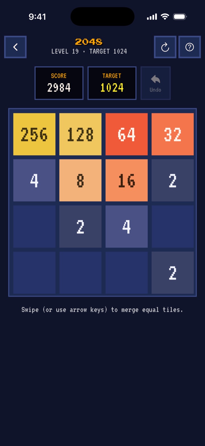 A 2048 game with a 1024 target in the Arcade style, with a pixel font