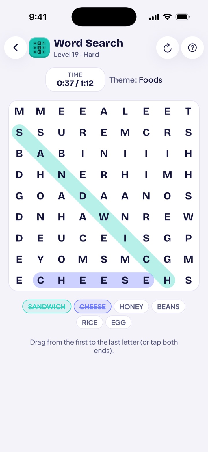 Word search with the found words highlighted in colored capsules