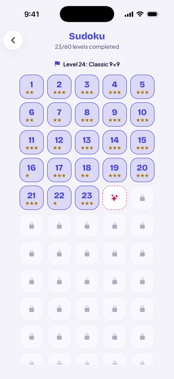 The level list of a MindRack game with the stars earned on each level
