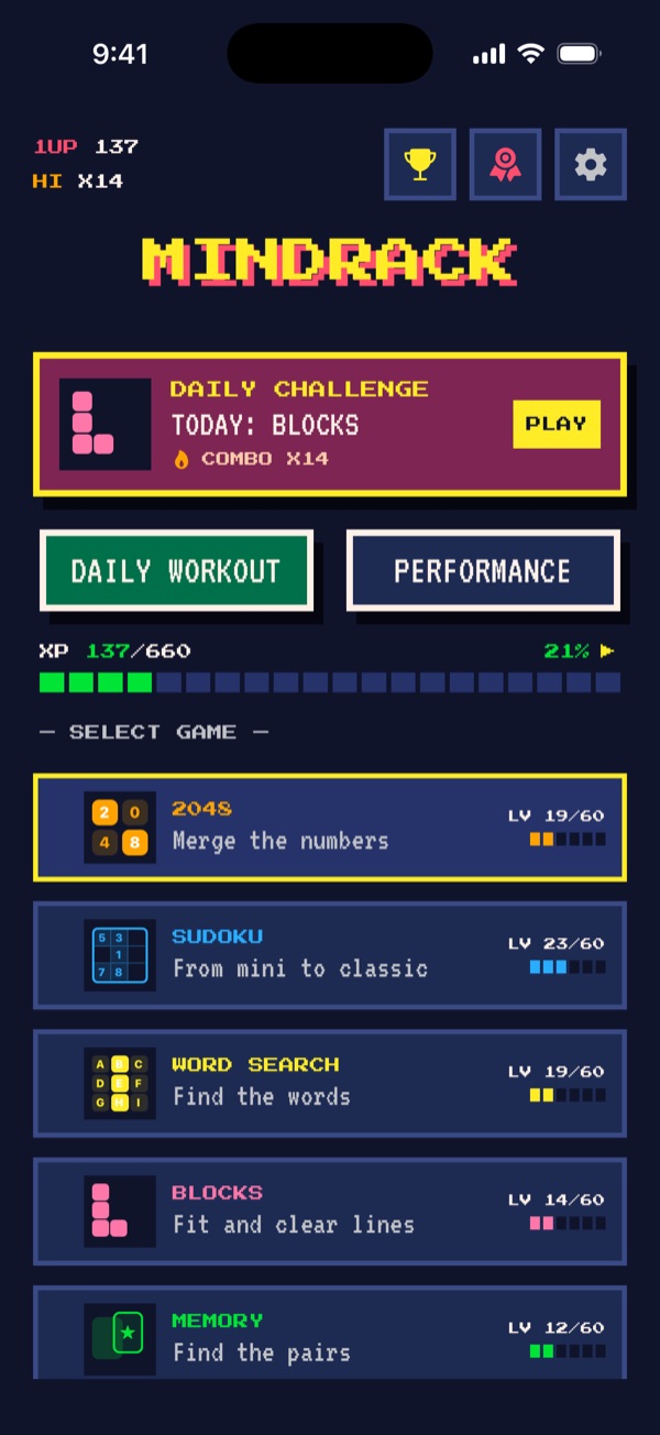 MindRack home screen in the Arcade style