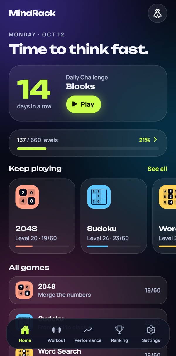 MindRack home screen in the Glass style