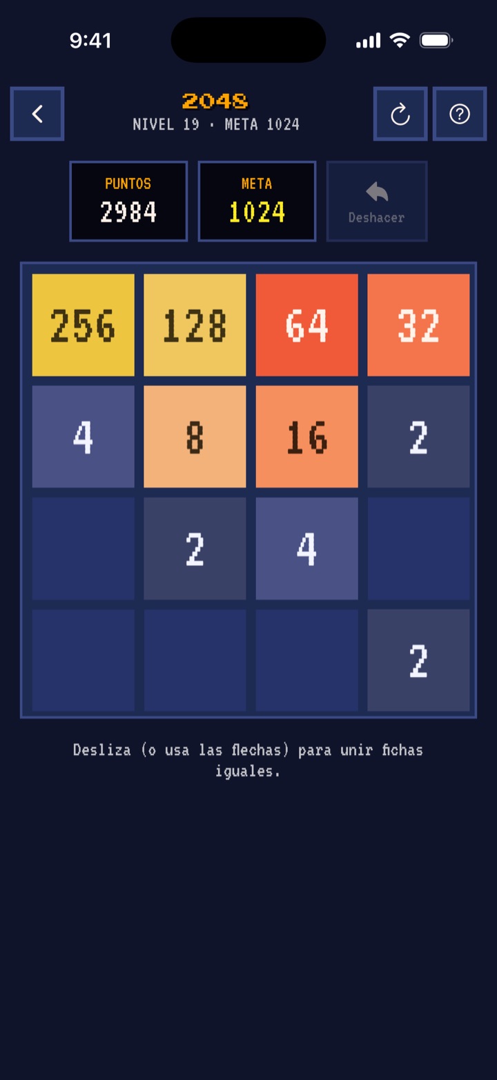 Partida de 2048 con meta 1024 en el estilo Recreativa, con letra de píxeles