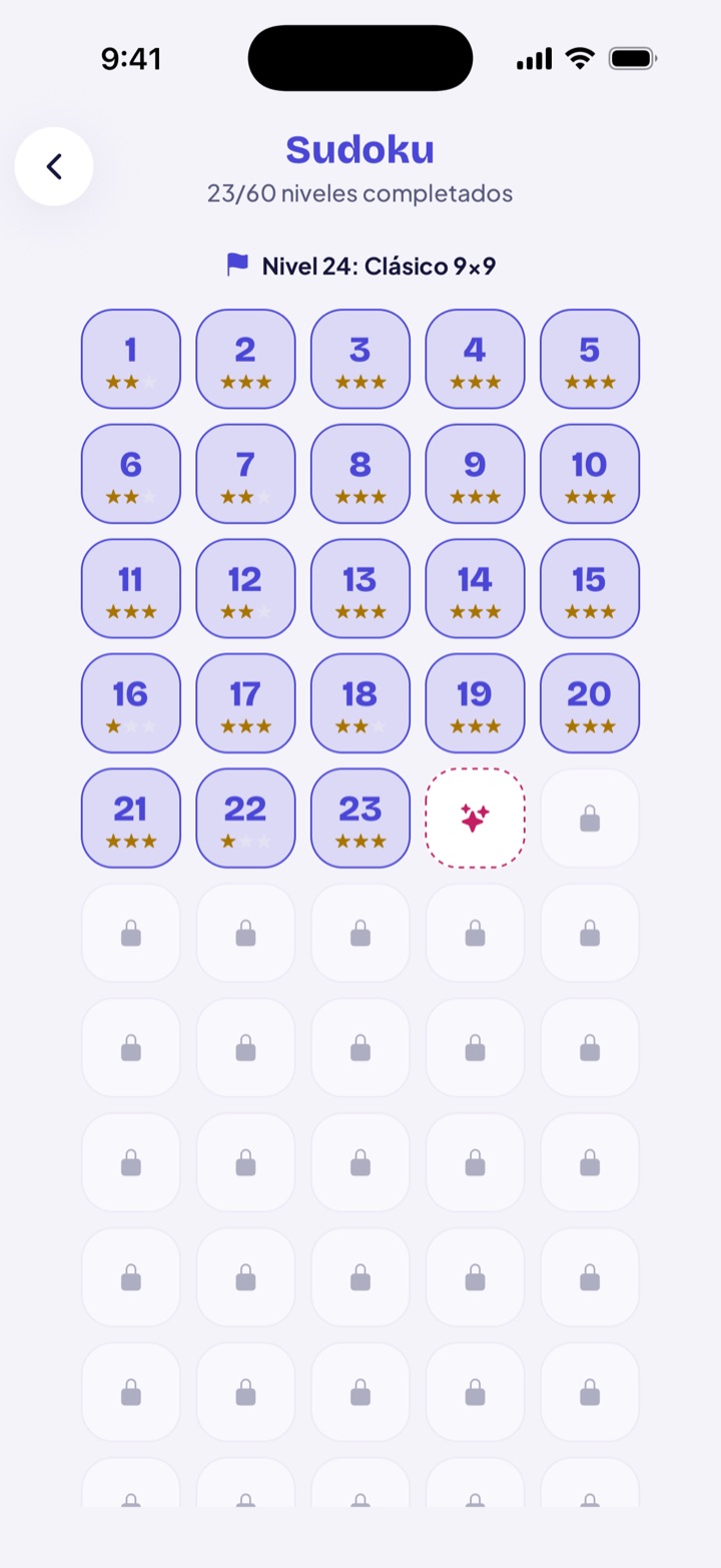 Lista de niveles de un juego de MindRack con las estrellas ganadas en cada nivel