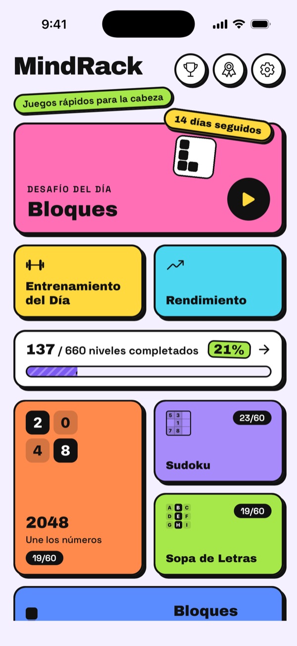Pantalla de inicio de MindRack en el estilo Pegatina