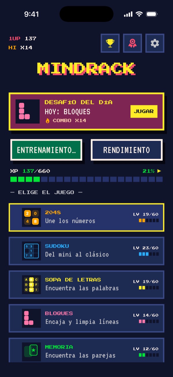 Pantalla de inicio de MindRack en el estilo Recreativa