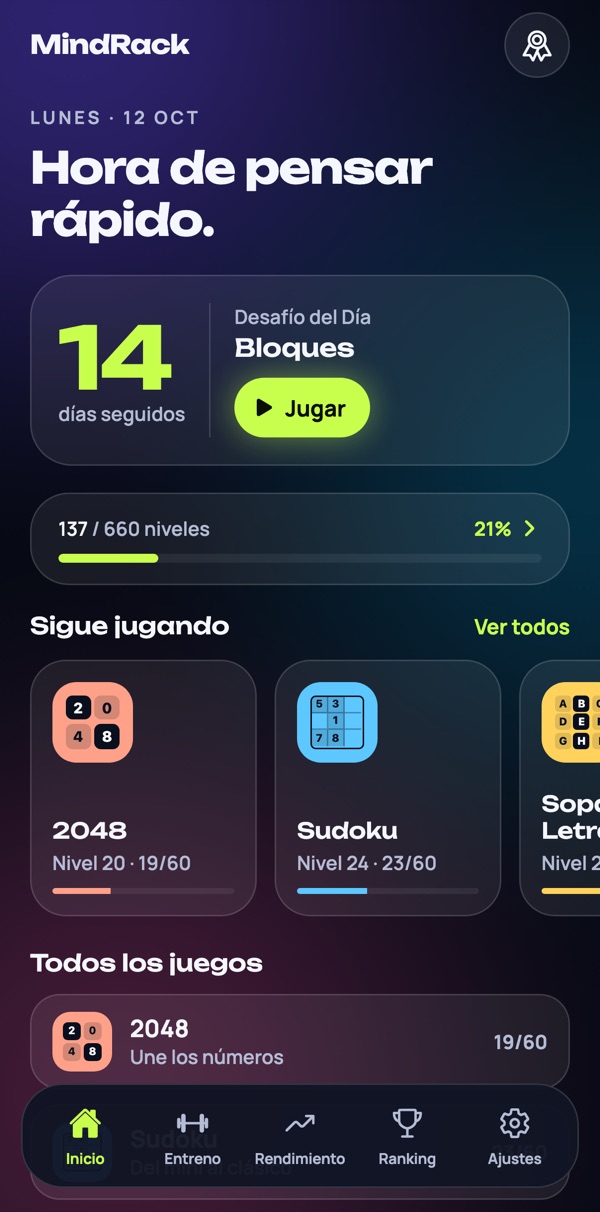 Pantalla de inicio de MindRack en el estilo Cristal